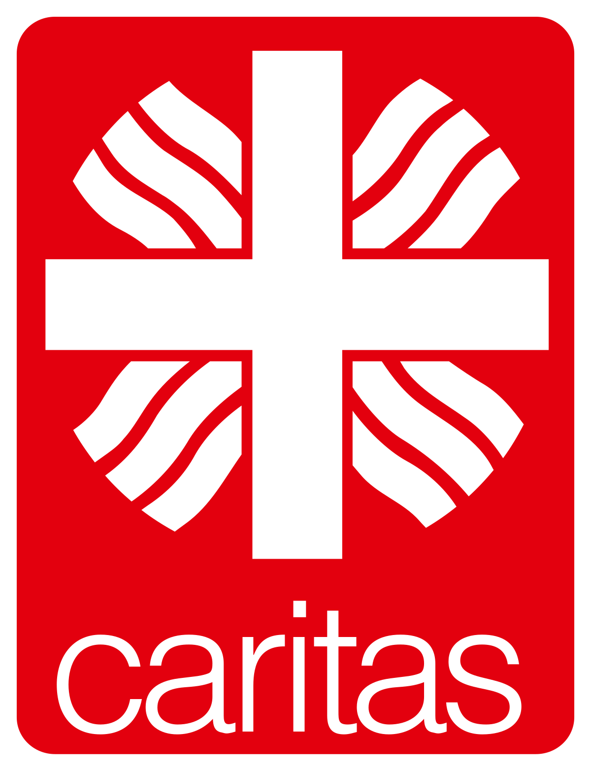 Logo der Caritas Hildesheim. Das Logo besteht aus einem Hochkant-Rechteck mit abgerundeten Ecken. In diesem Rechteck befindet sich ein weißes Kreuz, aus dem Flammen wachsen. Sie stehen laut Caritas für Feuer, Wärme und Liebe. Also für den Geist der Nächstenliebe. Darunter steht der Begriff Caritas